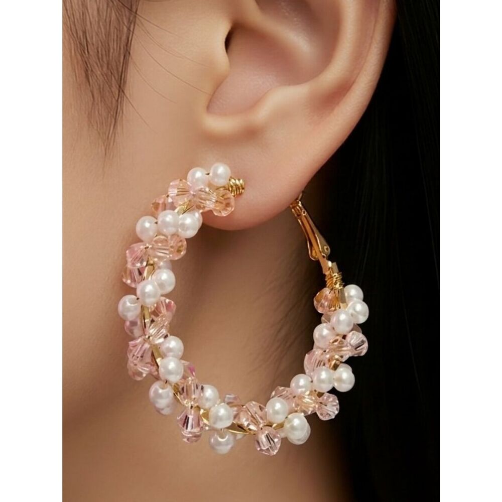 Pink Pearl Beaded Hoop Earrings Blush Gold Coquette Romantic Statement 45mm New